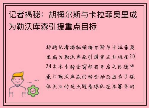记者揭秘：胡梅尔斯与卡拉菲奥里成为勒沃库森引援重点目标