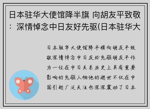 日本驻华大使馆降半旗 向胡友平致敬：深情悼念中日友好先驱(日本驻华大使 死亡)
