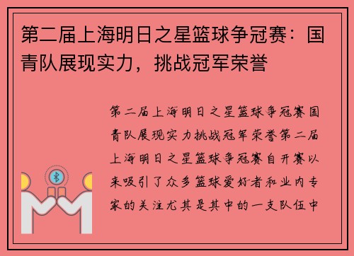 第二届上海明日之星篮球争冠赛：国青队展现实力，挑战冠军荣誉