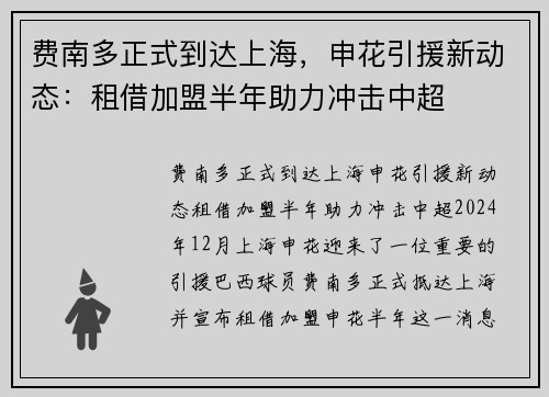 费南多正式到达上海，申花引援新动态：租借加盟半年助力冲击中超