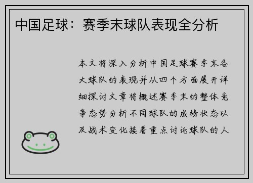 中国足球：赛季末球队表现全分析