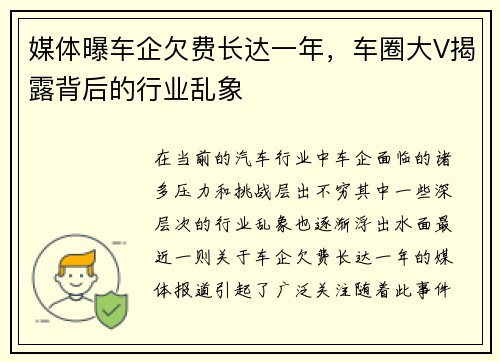 媒体曝车企欠费长达一年，车圈大V揭露背后的行业乱象