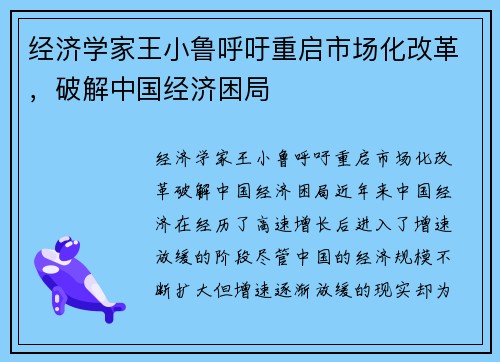 经济学家王小鲁呼吁重启市场化改革，破解中国经济困局